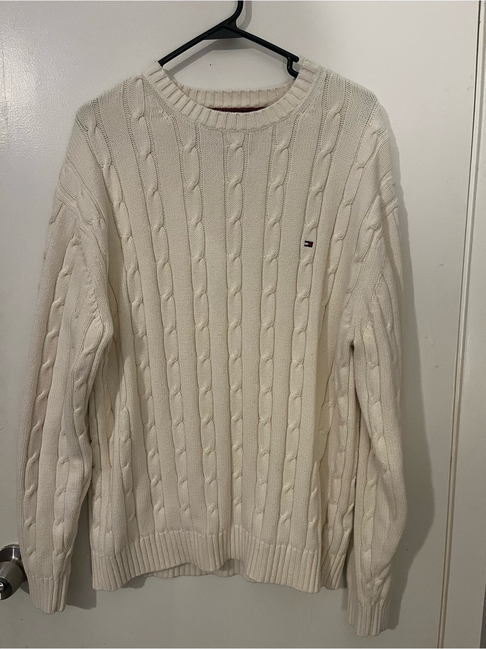 Tommy Hilfiger Men's Ivory Cable-Knit Crew Neck Cotton Logo Sweater XL